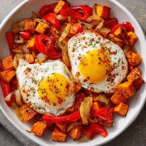 A bowl of food with eggs and vegetables.