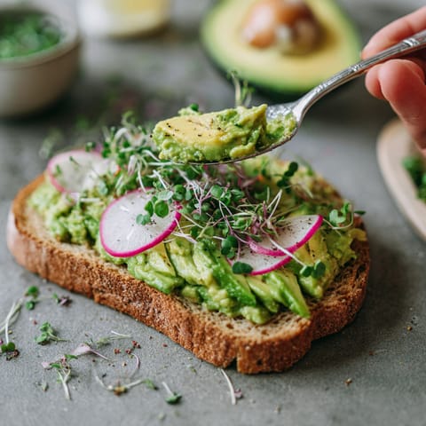 A person is eating a sandwich with avocado, radish, and microgreens.