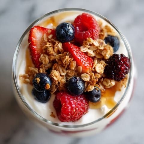 A bowl of yogurt with granola and berries.