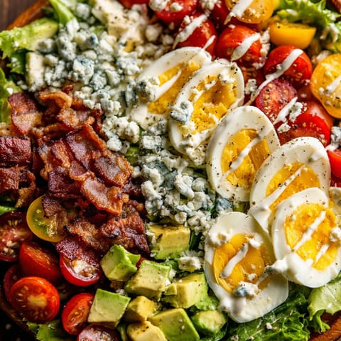 A Cobb salad with bacon, avocado, and blue cheese.
