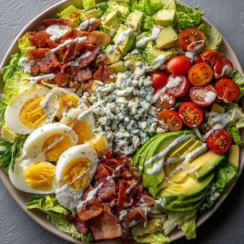 A Cobb salad with avocado and bacon.
