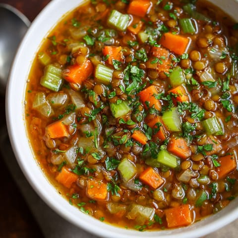 A bowl of soup with carrots and parsley.