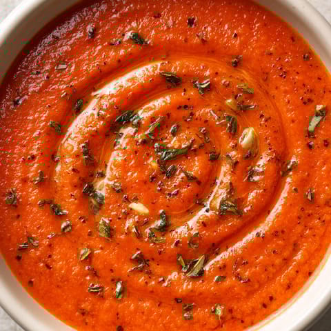 A bowl of red soup with green herbs.