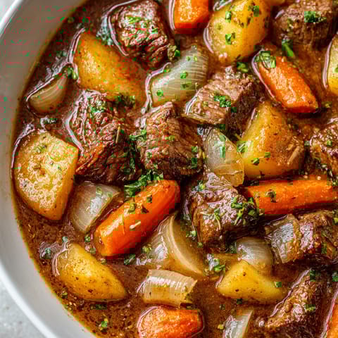 A bowl of hearty beef stew with carrots and onions.