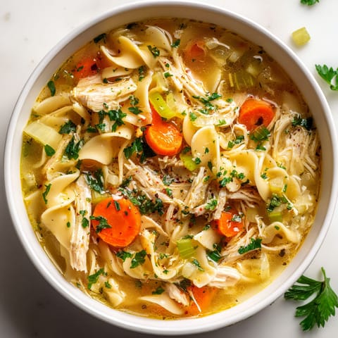 A bowl of chicken noodle soup with vegetables.