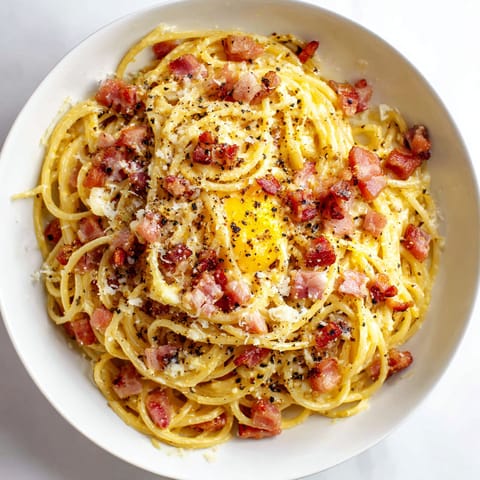 A plate of pasta with bacon and an egg on top.