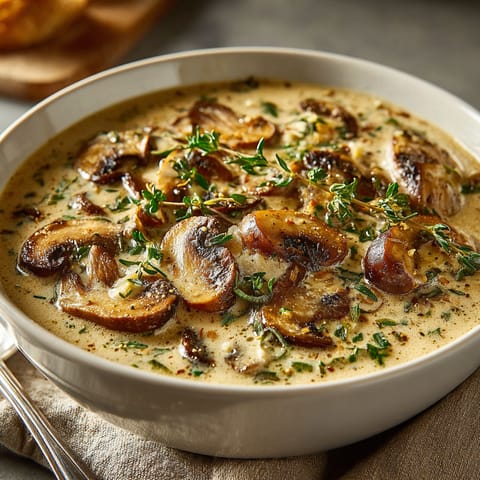 A bowl of creamy mushroom and thyme gravy.