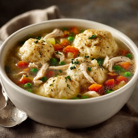 A bowl of soup with chicken and dumplings.