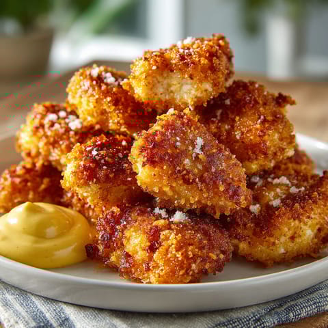 A plate of breaded food with a yellow sauce on it.
