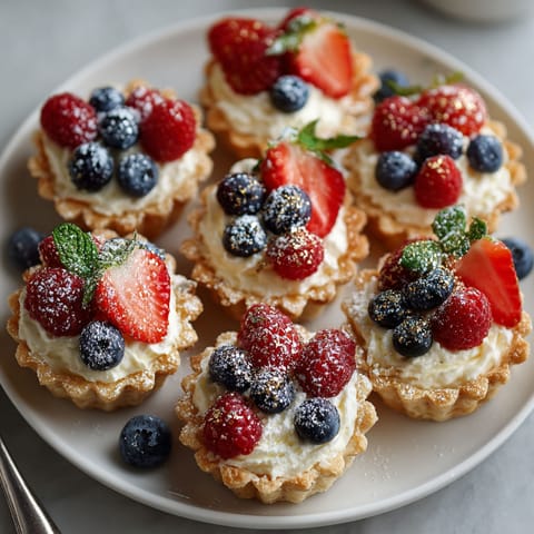A plate of mini fruit tarts with blueberries, strawberries, and raspberries.