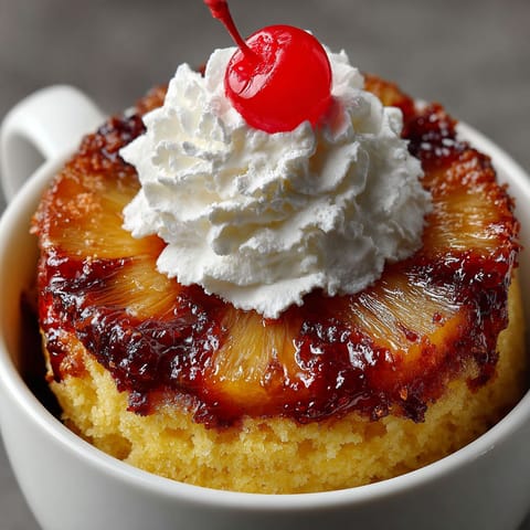 A cup of pineapple upside-down cake with whipped cream on top.