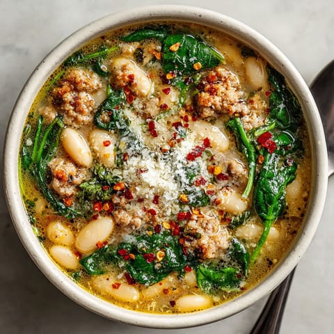 A bowl of soup with beans, spinach, and meat.