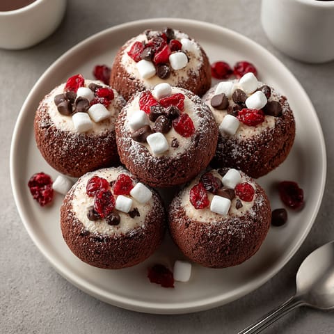 A plate of chocolate covered marshmallows.
