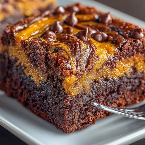 Warm *Chocolate Pumpkin Swirl Brownies* with a moist crumb and decadent chocolate aroma.
