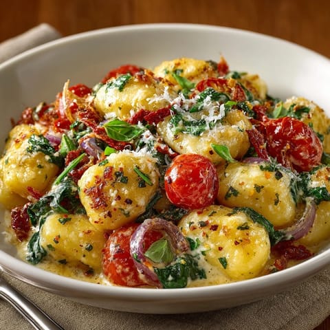 Close-up of One-Pot Creamy Tomato Gnocchi: soft gnocchi in rich, vibrant red sauce.