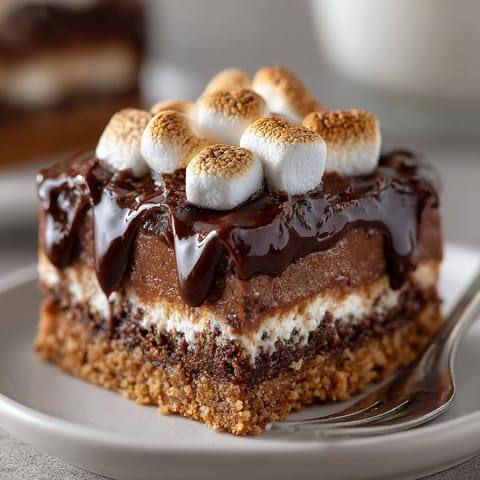 Easy No-Bake S'mores Bars recipe: crushed graham cracker crust with melted chocolate and marshmallow.