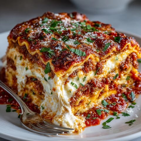 Baked Lazy Lasagna with Ravioli layers marinara, ricotta and mozzarella ready to serve.