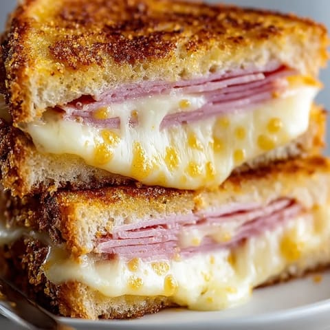 Golden brown Ham and Swiss Honey Mustard Grilled Cheese, perfectly toasted, ready to eat.