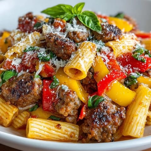 Delicious spicy sausage pasta with peppers plated, ready to enjoy with Parmesan sprinkle.
