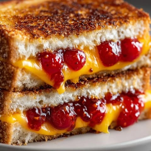 Close-up of a Grilled Cheese with Tomato Jam, the hot jam bubbling subtly.