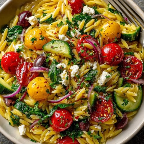 Close-up of vibrant Mediterranean Lemon Orzo salad, speckled with feta and herbs.