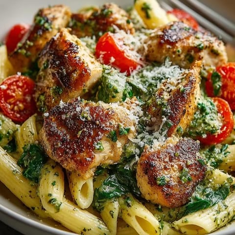 Cooked and plated One-Pan Chicken Pesto Pasta, topped with Parmesan and basil for serving.