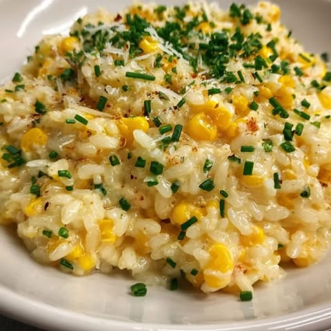 Close-up of Creamy Corn Orzo, ready to eat; vibrant yellow corn and green herbs.