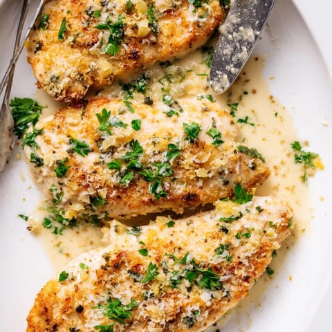 Close-up showing a fork cutting into a tender Creamy Parmesan Lemon Chicken Bake.