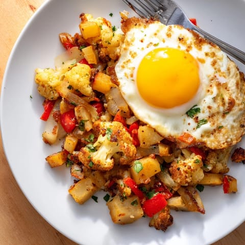 Close-up shows warm Alfredo Cauliflower Breakfast Hash, topped with runny fried eggs, ready to serve.