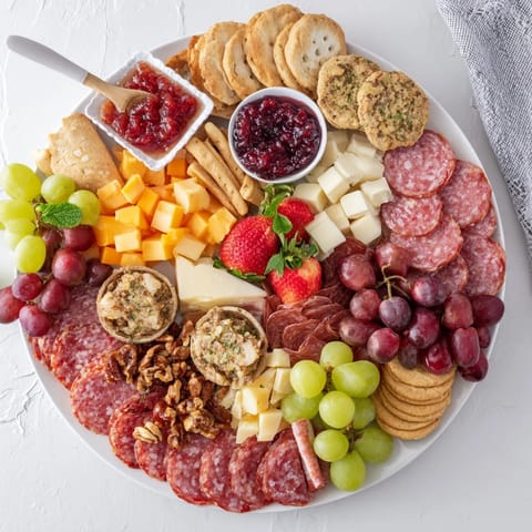 Close-up of a Charcuterie Board with Mini Festive Cheesecakes, arranged for holiday entertaining.