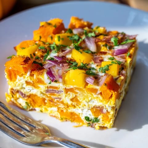 Sliced Mango Sweet Potato Egg Bake served warm, showcasing tropical flavors and creamy texture.  