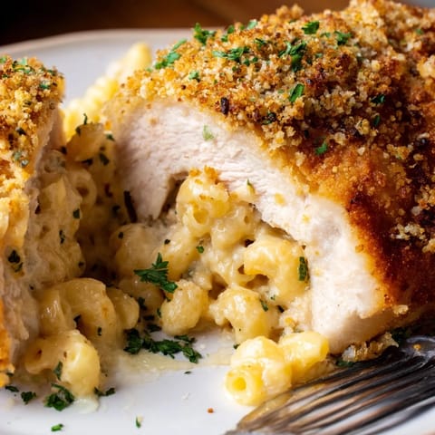 Deliciously creamy Mac and Cheese Stuffed Turkey Rolls, garnished with fresh parsley on top.  