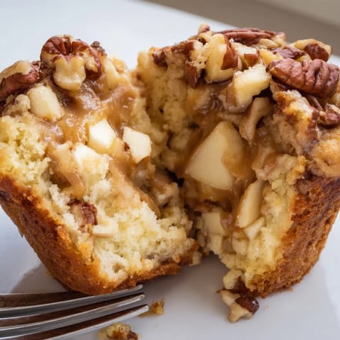 Golden-brown Caramel Apple Pecan Muffins bursting with apple chunks and crunchy pecans.  