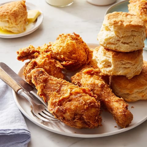 Golden fried chicken resting beside fluffy buttermilk biscuits—an iconic Southern dish.  