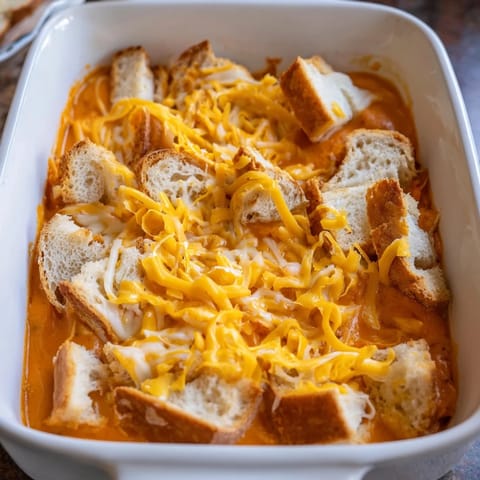 A close-up view of the hearty Easy Tomato Soup & Grilled Cheese Casserole Bake, cheesy and delicious.