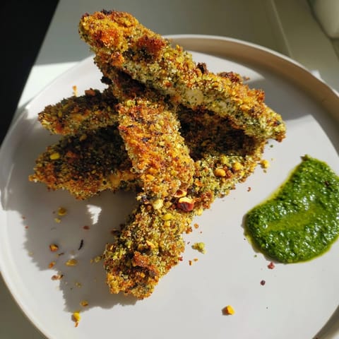 Crispy Pistachio Crusted Turkey Tenders, baked until tender, sit ready to be drizzled with chimichurri.