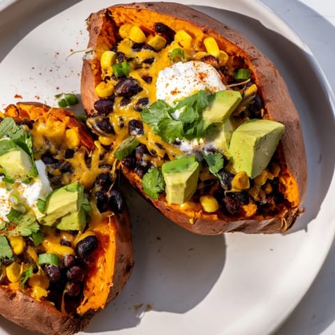 Tender baked Loaded Baked Sweet Potatoes filled with melty cheese, fresh cilantro, ready to eat!