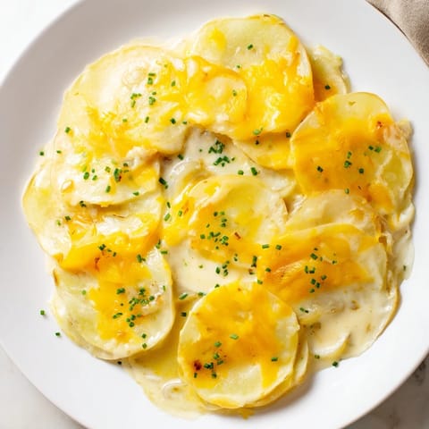 Bubbling hot Cheesy Scalloped Potatoes, creamy and cheesy; ready to serve alongside a roast.