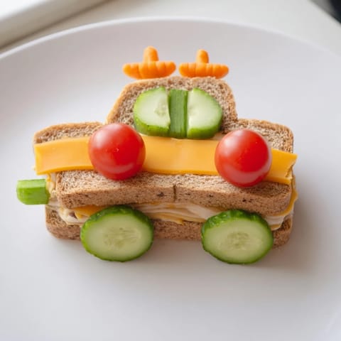 A complete Road Trip Ready Car-Shaped Lunch arrangement, packed with fresh carrot sticks and grapes.
