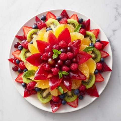 A colorful Festive Poinsettia Fruit Bowl with ruby-red strawberries and pomegranate arils is festive and tasty.