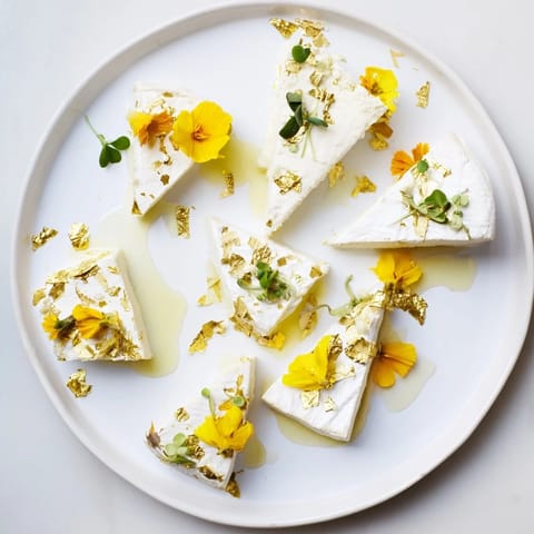 A decadent The Gilded Lily cheese board, showcasing creamy cheeses with edible gold leaf accents.