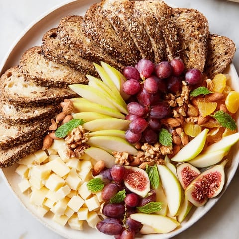 A rustic Harvest Scythe appetizer: sliced breads, colorful fruits, and artisan cheese, ready to share.