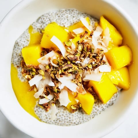 Bright and creamy Mango Coconut Chia Pudding garnished with toasted coconut flakes, ready to eat!