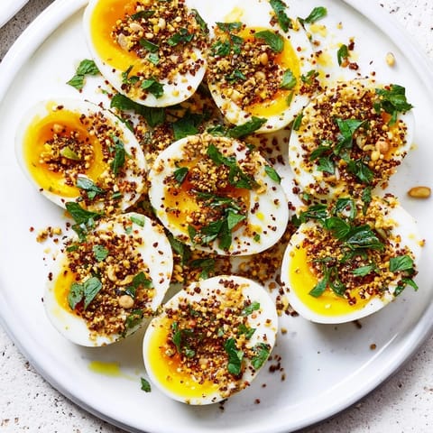 These Dukkah-Spiced Eggs are served with a drizzle of olive oil, showcasing their beautifully jammy yolks.