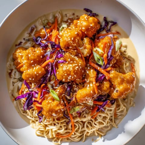 A close-up of Chaos Cooking Buffalo Cauliflower Ramen with vibrant toppings and savory aromas.