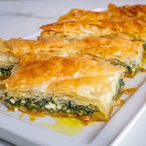 A close-up of a freshly baked spanakopita, with a perfectly crisp crust and delicious filling.