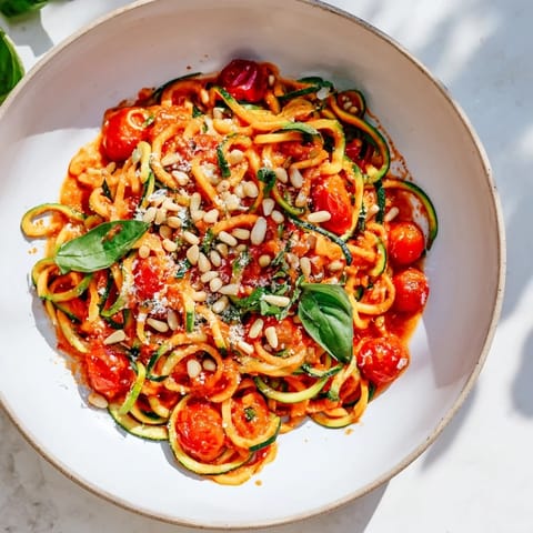 A beautiful bowl of zucchini noodle variations awaits, featuring colorful toppings and fresh basil.