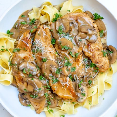A close-up of tender Creamy Chicken Marsala, showcasing the rich, savory sauce with pasta.