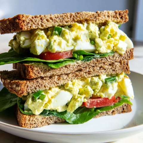 Fresh avocado and egg salad sandwich with a vibrant green filling and red tomato slices.
