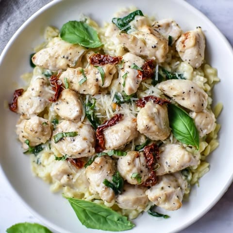 Creamy Tuscan Chicken Orzo served in a bowl, garnished with fresh basil, ready to enjoy.